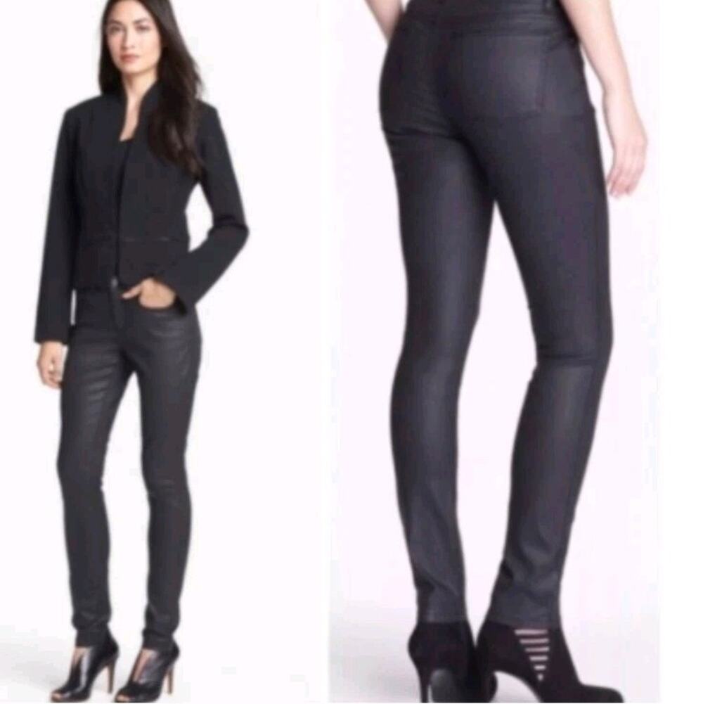 Eileen Fisher Womens 4 Waxed Organic Cotton Stretch Denim Pant Black Biker Chic